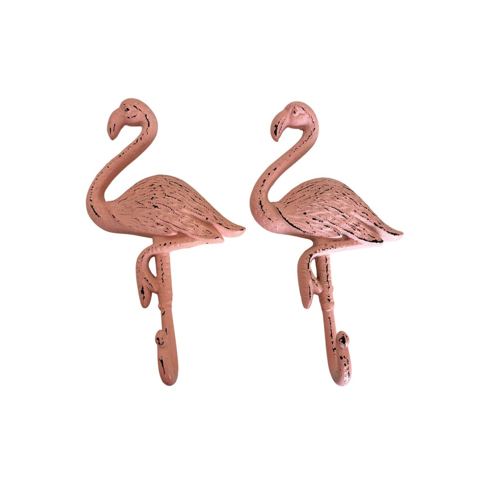 Set of 2 Pink Flamingo Cast Iron Wall Hooks Distressed Tropical Coastal Decor - Picture 2 of 4